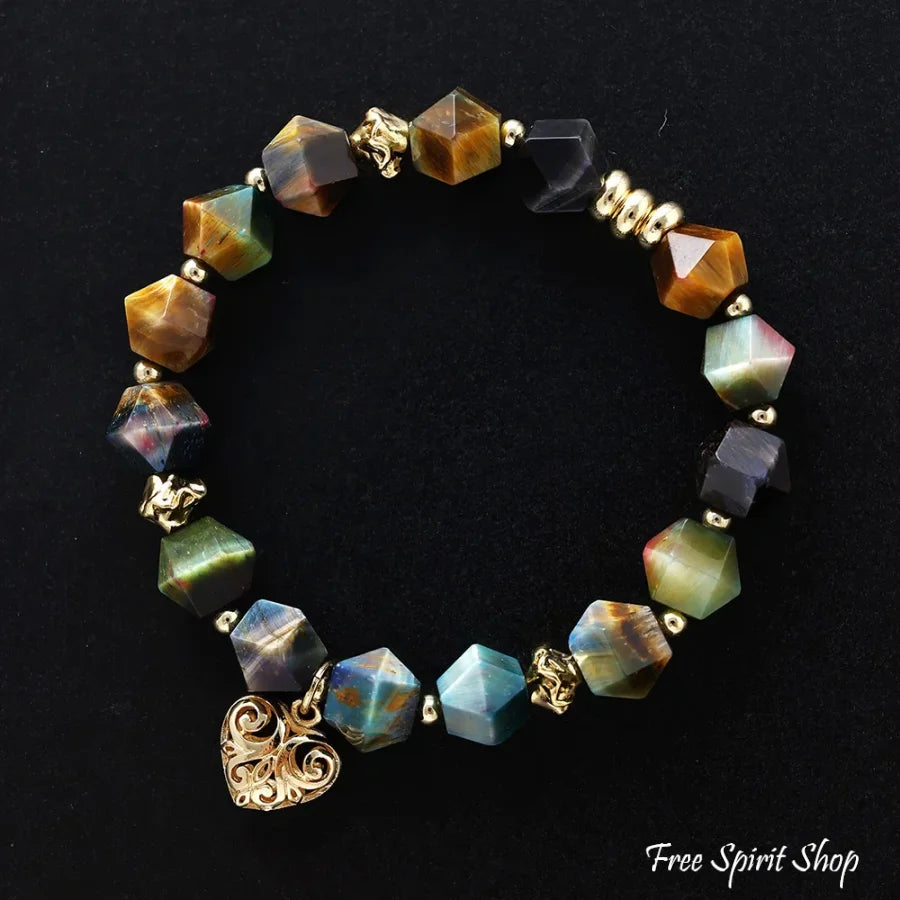 Tiger’s Eye Beaded Bracelet with Golden Heart Charm Jewelry > Bracelet > Gemstone Bead Bracelet