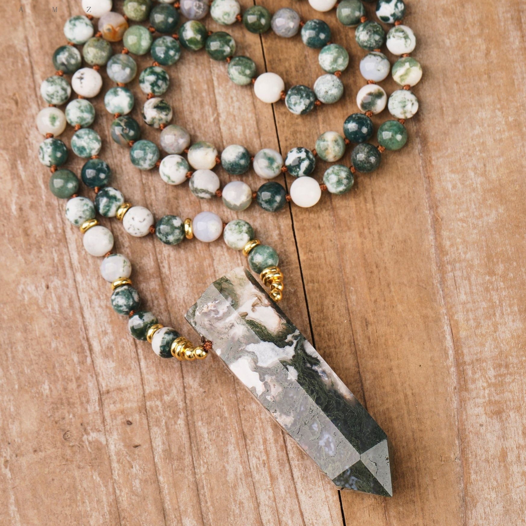 108 Natural Moss Agate Stone Mala Bead Necklace