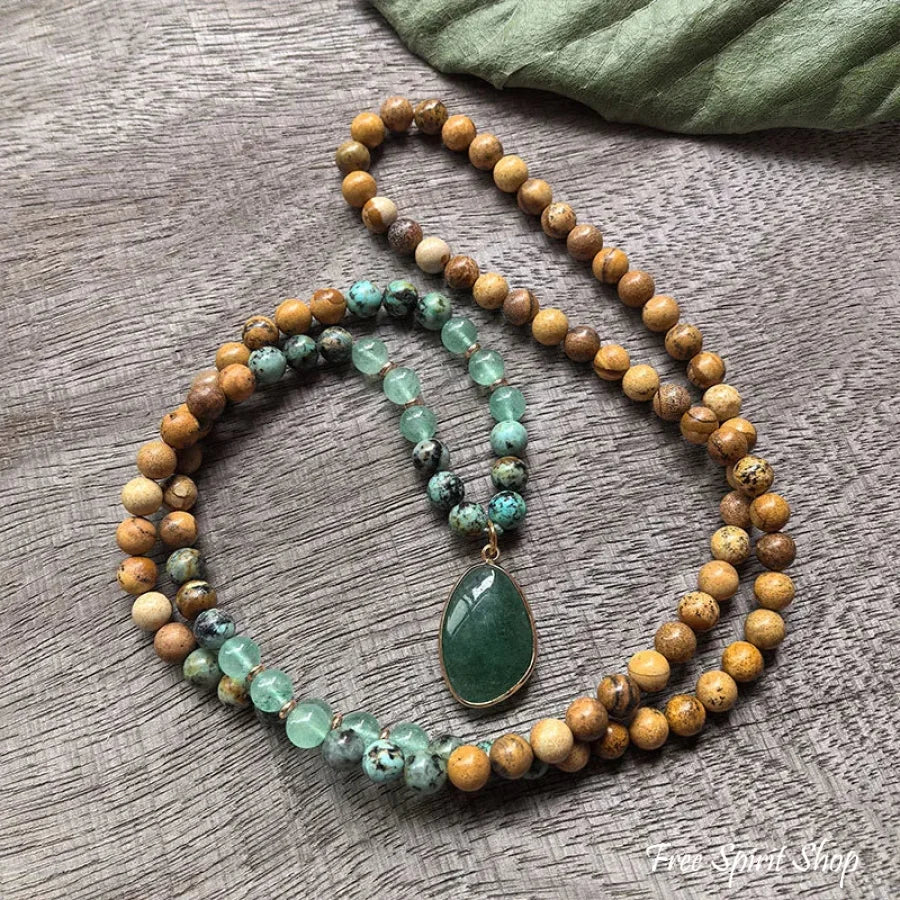 108 Natural Picture Jasper Green Quartz & African Turquoise Mala Bead Necklace