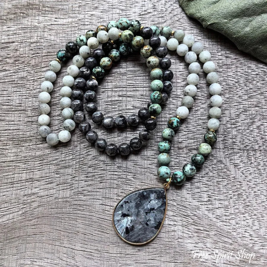 108 Natural Black Labradorite & African Turquoise Mala Bead Necklace