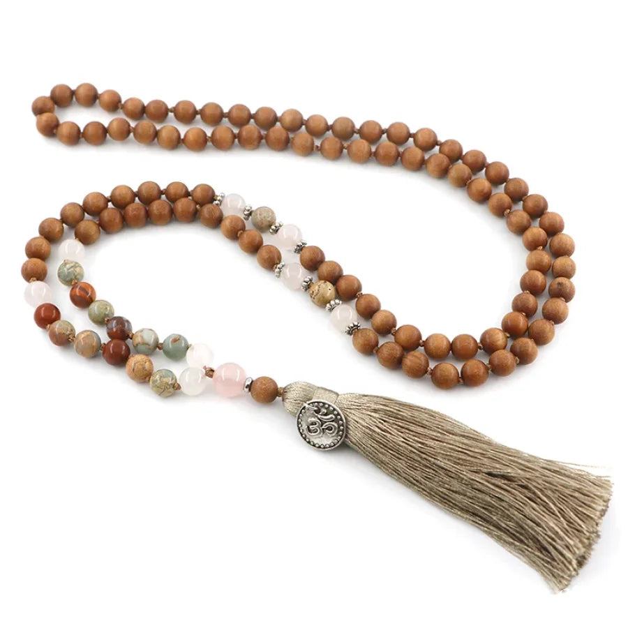 108 Natural Sandalwood Rose Quartz & Jasper Mala Bead Necklace Jewelry > Gemstone