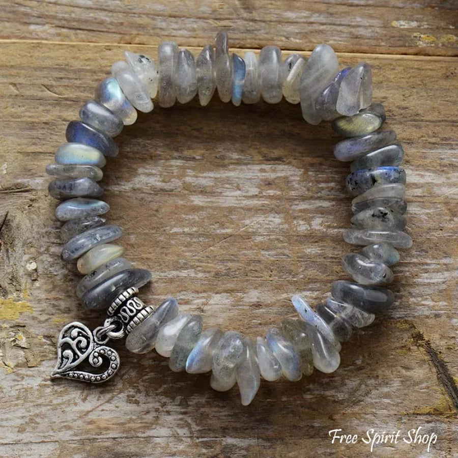 Labradorite Chip Beaded Bracelet with Heart Charm