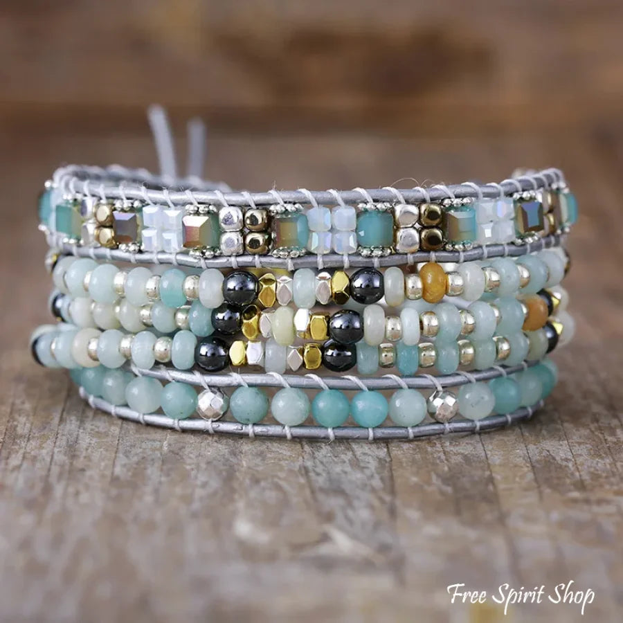 Natural Amazonite & Hematite Multi-Row Beaded Wrap Bracelet Jewelry > Gemstone Bead