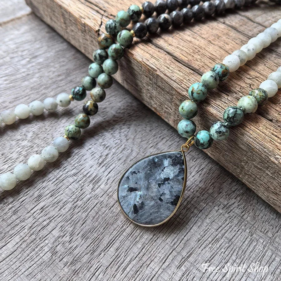 108 Natural Black Labradorite & African Turquoise Mala Bead Necklace