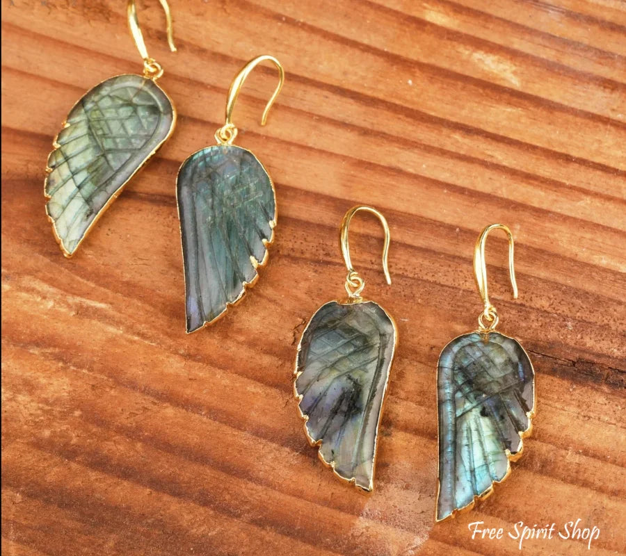 Natural Labradorite Angel Wings Earrings Jewelry > Gemstone