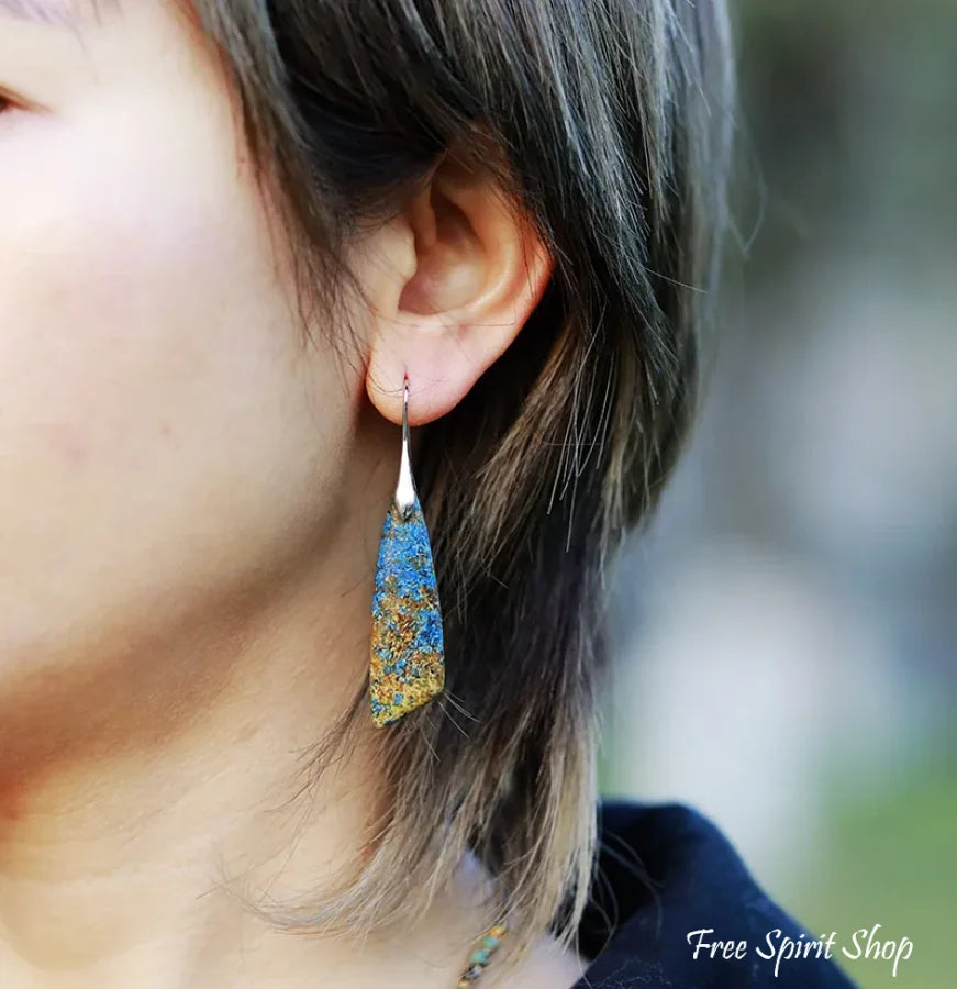 Brown & Blue Jasper Leaf Shape Earrings Jewelry > Gemstone