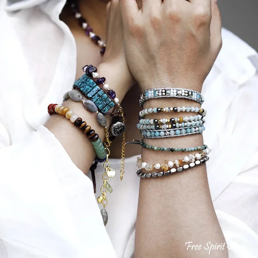 Natural Amazonite & Hematite Multi-Row Beaded Wrap Bracelet Jewelry > Gemstone Bead