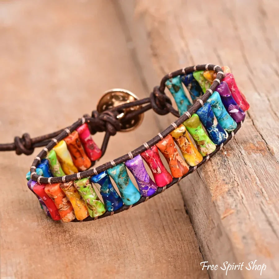 7 Chakra Jasper Tube Bead Leather Bracelet Jewelry > Bracelet > Gemstone Bead Bracelet