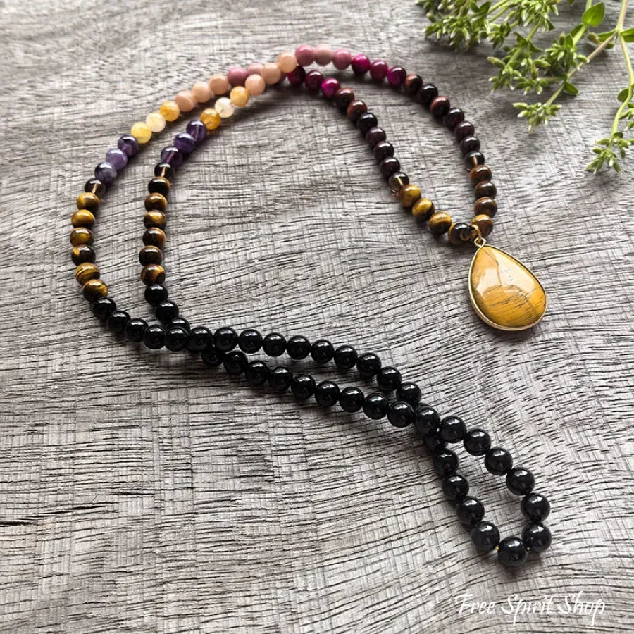 108 Natural Tiger eye Black Onyx Garrnet Sunstone & Amethyst Mala Bead Necklace Jewelry > Gemstone Bead Necklace > 108