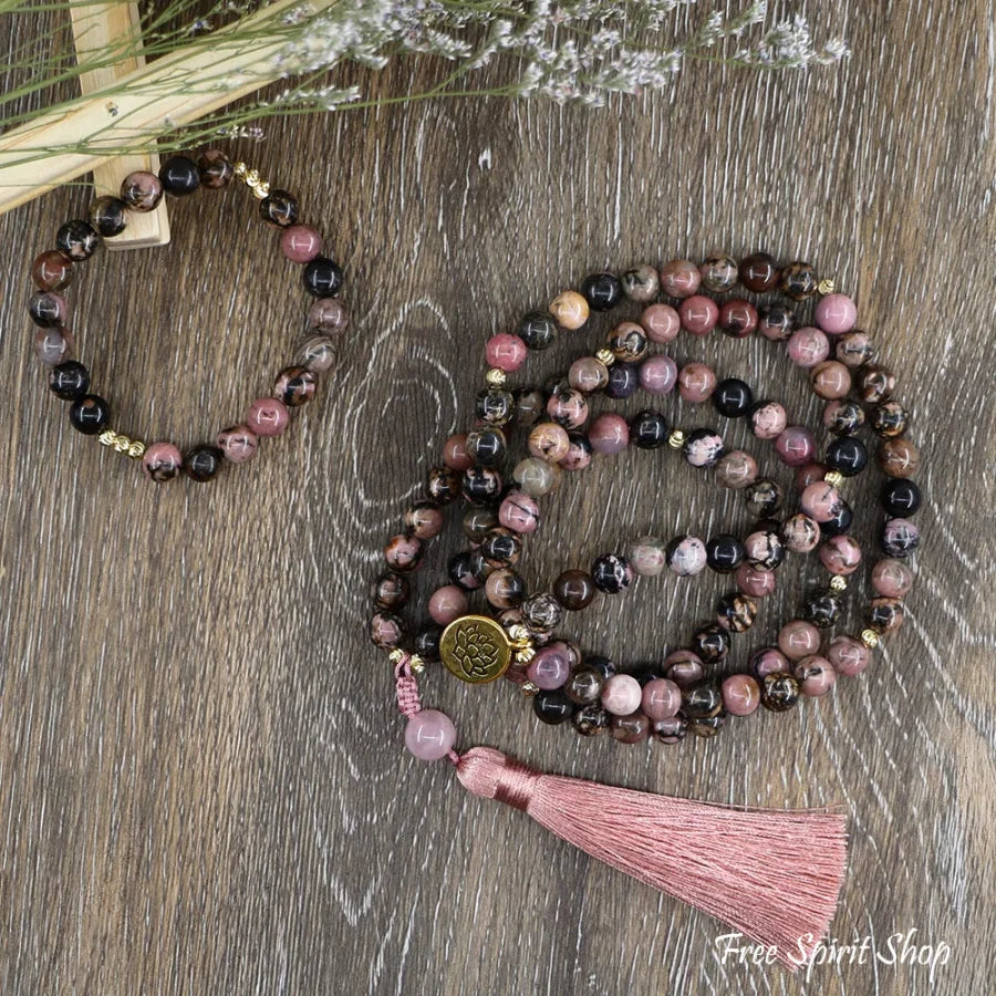 108 Pink & Black Rhodochrosite Tassel Mala Bead Necklace Jewelry > Gemstone