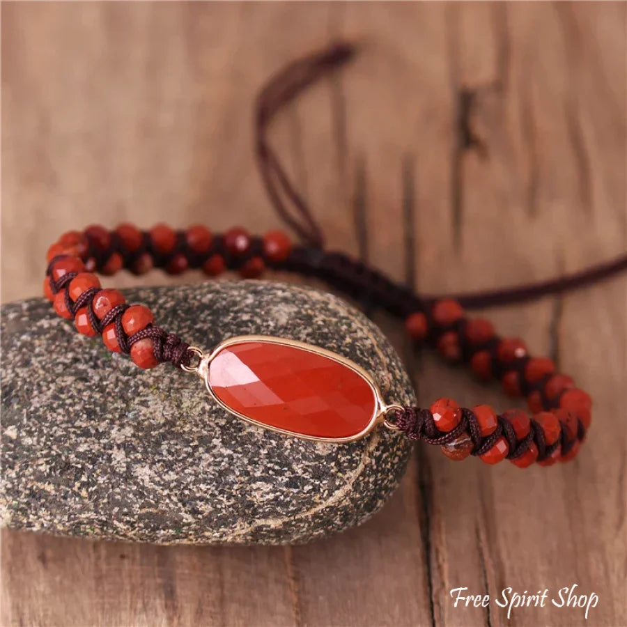 Natural Red Jasper Stone Bead Adjustable Bracelet