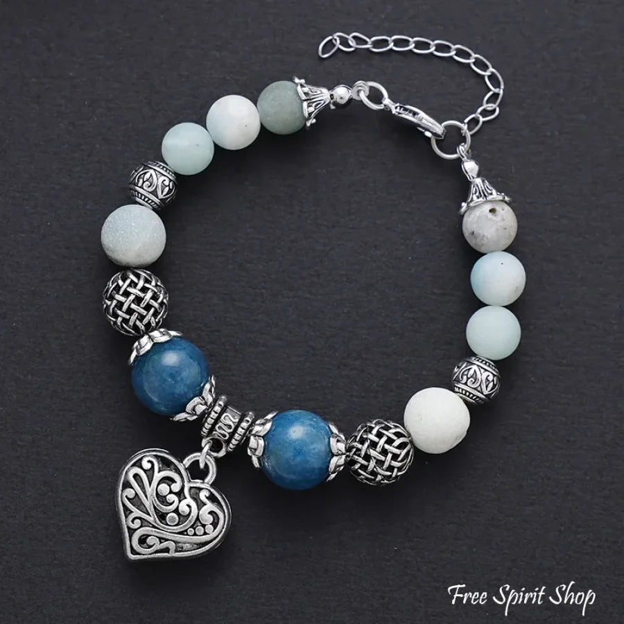 Natural Blue Apatite & Amazonite Heart Charm Bracelet