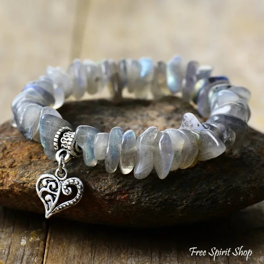 Labradorite Chip Beaded Bracelet with Heart Charm