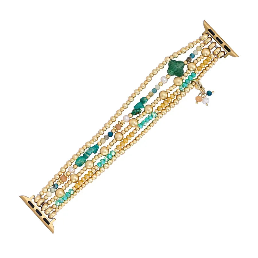 Green Strawberry Quartz Beaded Apple Watch Band with Clover Charm Smartwatch Band / Strap > Gemstone Bead Watch Band >