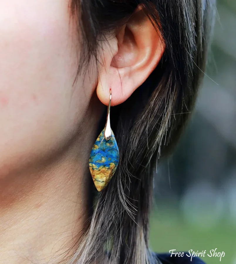 Brown & Blue Jasper Leaf Shape Earrings Jewelry > Gemstone