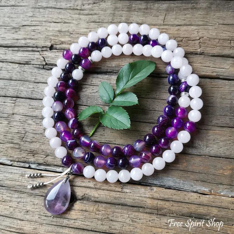 108 Purple Stripe Onyx Rose Quartz & Amethyst Mala Bead Necklace Jewelry > Gemstone