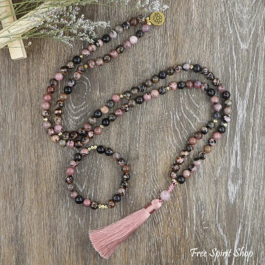 108 Pink & Black Rhodochrosite Tassel Mala Bead Necklace Jewelry > Gemstone