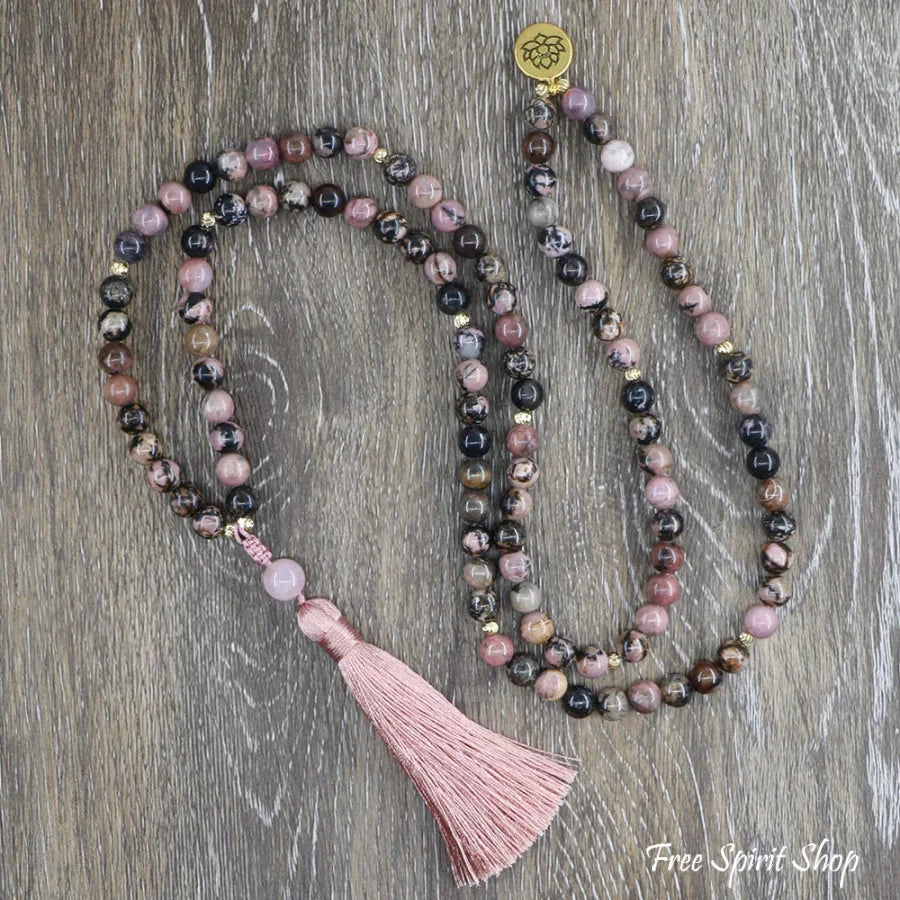 108 Pink & Black Rhodochrosite Tassel Mala Bead Necklace Jewelry > Gemstone