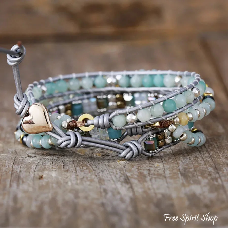 Natural Amazonite & Hematite Multi-Row Beaded Wrap Bracelet Jewelry > Gemstone Bead