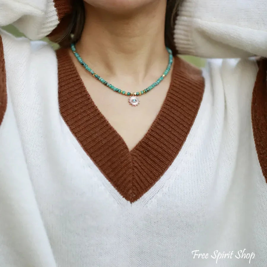 Turquoise & Golden Sun Pendant Beaded Choker Necklace