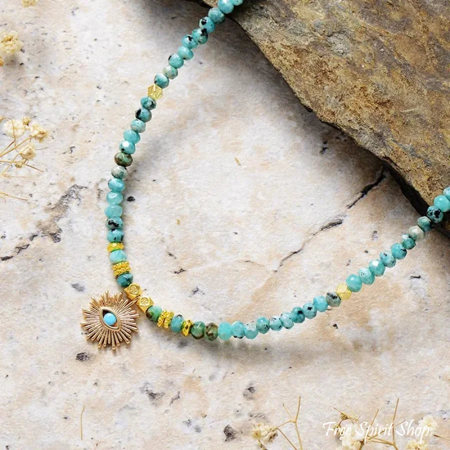 Turquoise & Golden Sun Pendant Beaded Choker Necklace