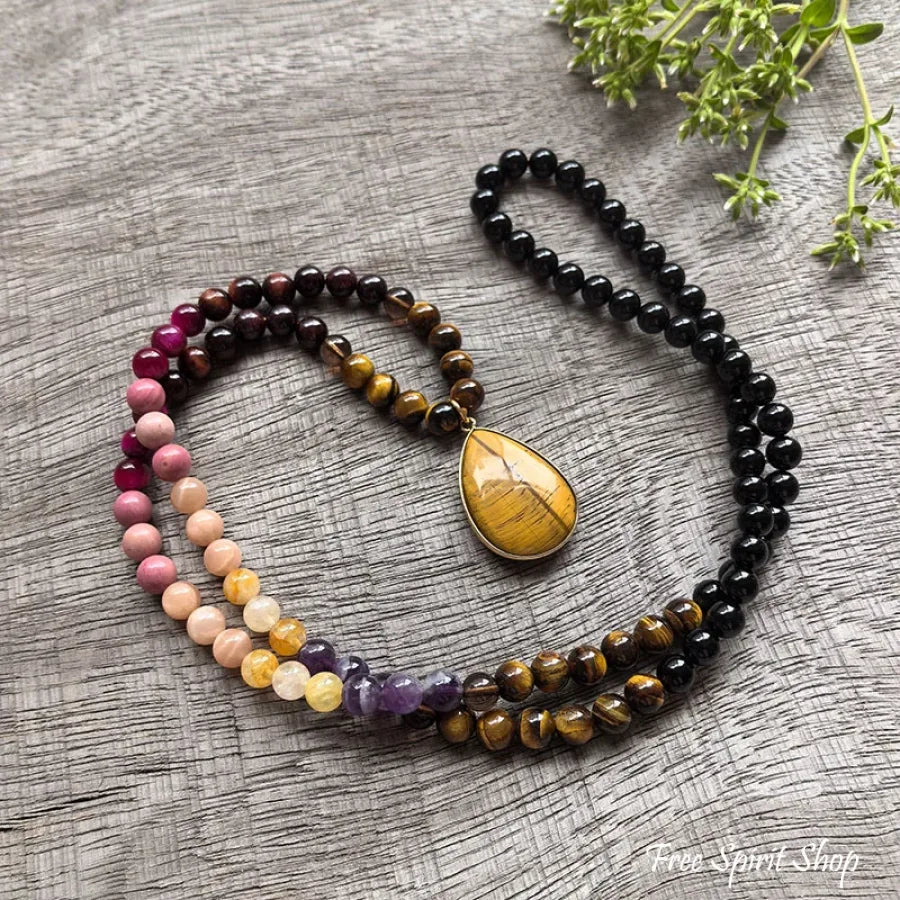 108 Natural Tiger eye Black Onyx Garrnet Sunstone & Amethyst Mala Bead Necklace Jewelry > Gemstone Bead Necklace > 108
