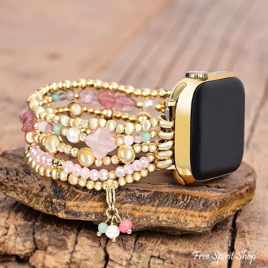 Rose Quartz Beaded Apple Watch Band with Clover Charm Small / Apple 42-45mm Smartwatch Band / Strap > Gemstone Bead