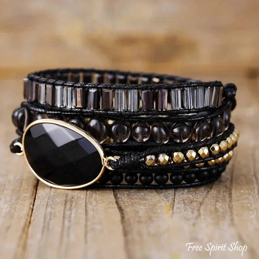 Natural Black Onyx & Gold Beads Wrap Bracelet Jewelry > Gemstone Bead
