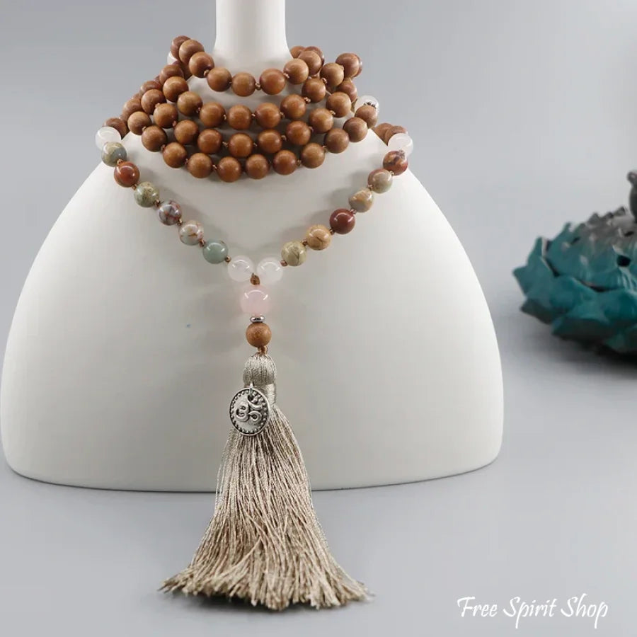 108 Natural Sandalwood Rose Quartz & Jasper Mala Bead Necklace Jewelry > Gemstone