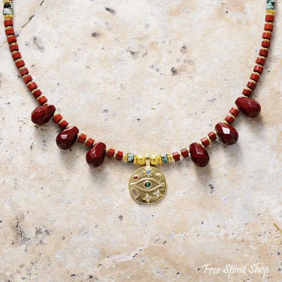 Natural Red Jasper & Egyptian Eye Charm Necklace Jewelry > Gemstone Bead
