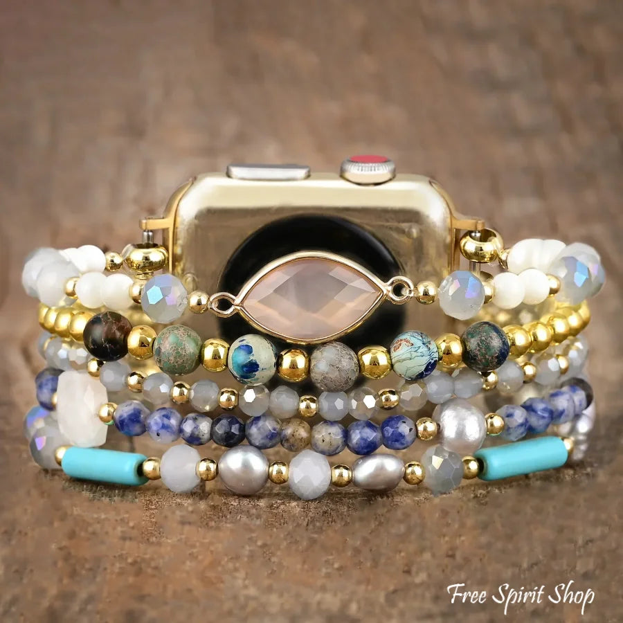 Natural Blue Sodalite Freshwater Pearl & Jasper Stretchable Apple Watch Band Smartwatch / Strap >