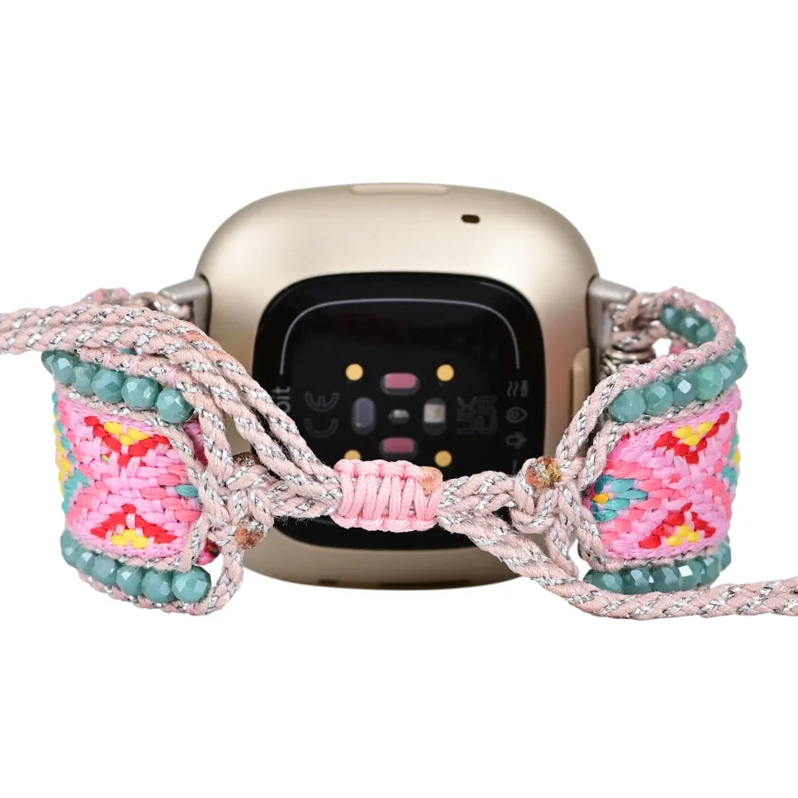 Candy Pink & Turquoise Braided Woven Nylon Fitbit Watch Band Smartwatch / Strap > Gemstone Bead