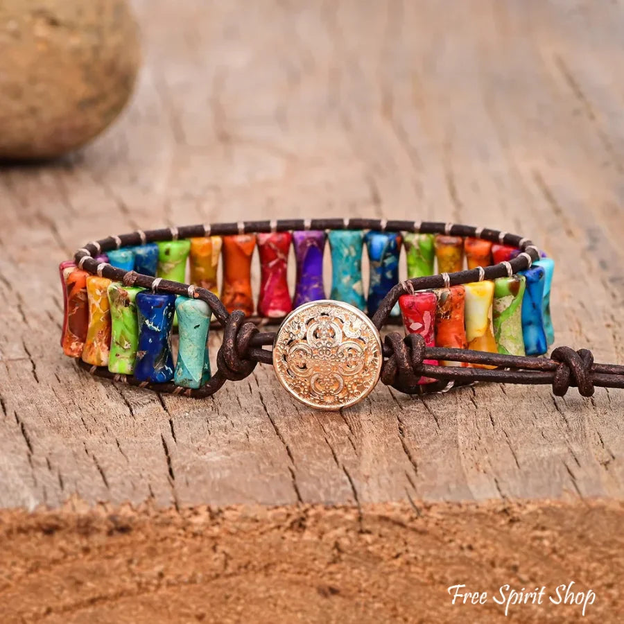7 Chakra Jasper Tube Bead Leather Bracelet Jewelry > Bracelet > Gemstone Bead Bracelet
