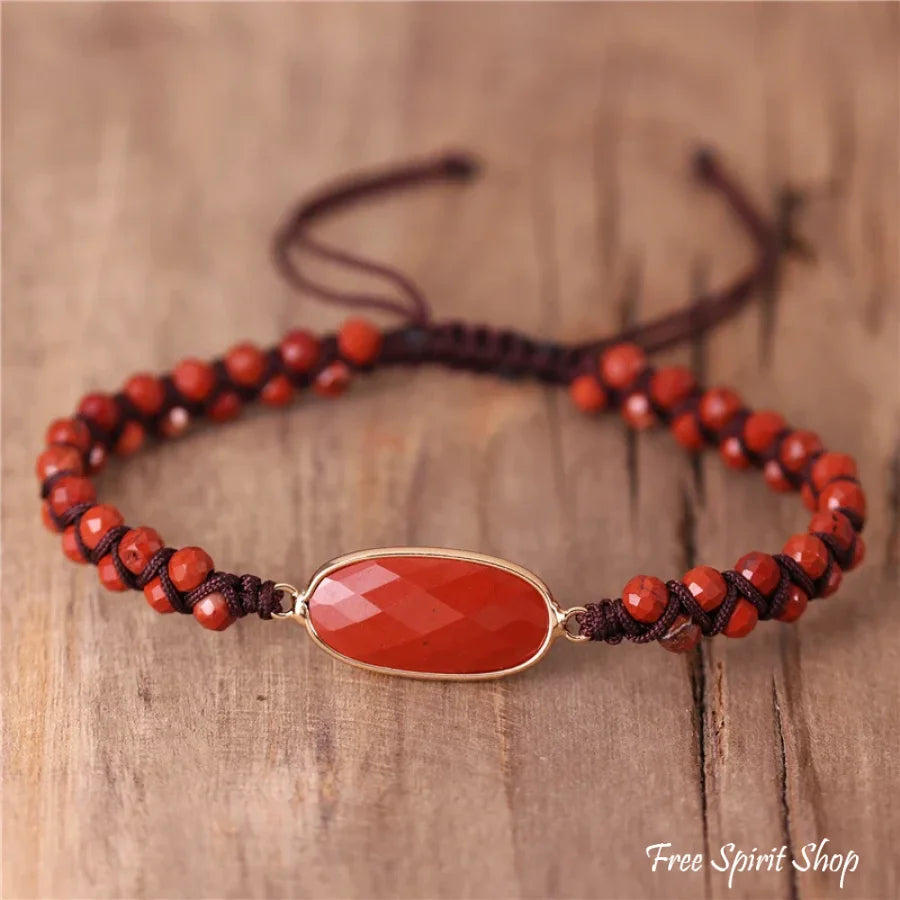 Natural Red Jasper Stone Bead Adjustable Bracelet