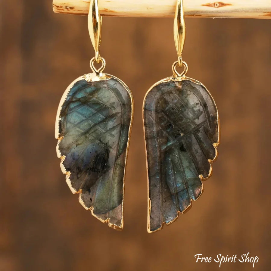 Natural Labradorite Angel Wings Earrings Gold Jewelry > Gemstone