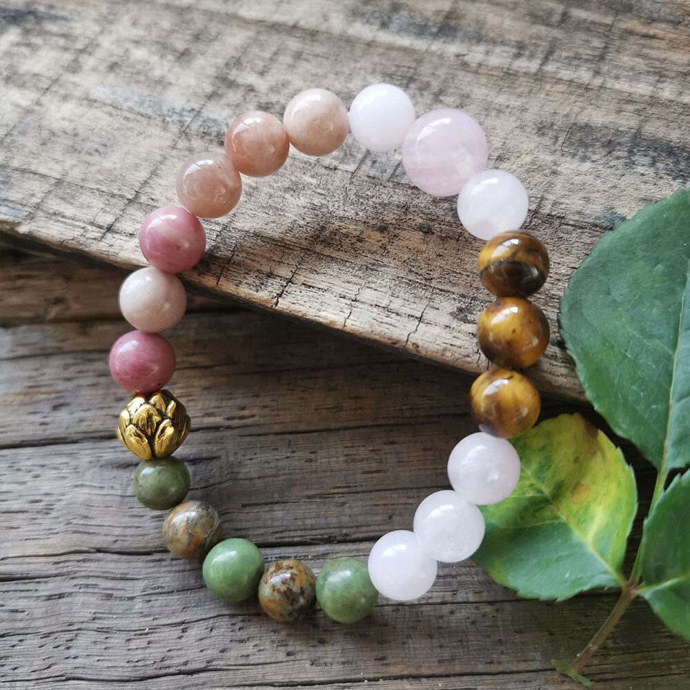 Natural Rose Quartz African Turquoise Tiger Eye Sunstone & Rhodonite Bead Bracelet