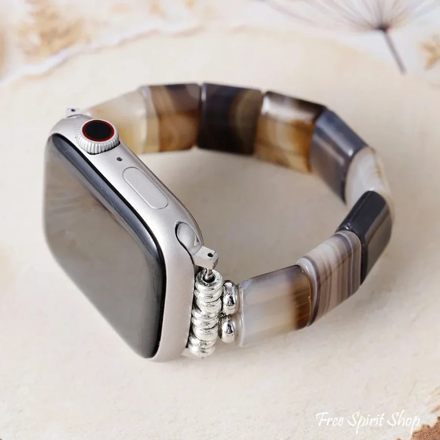 Brown Agate Square Bead Apple Watch Band Silver / Medium / Apple 42 49MM Plate Smartwatch Band / Strap > Gemstone Bead