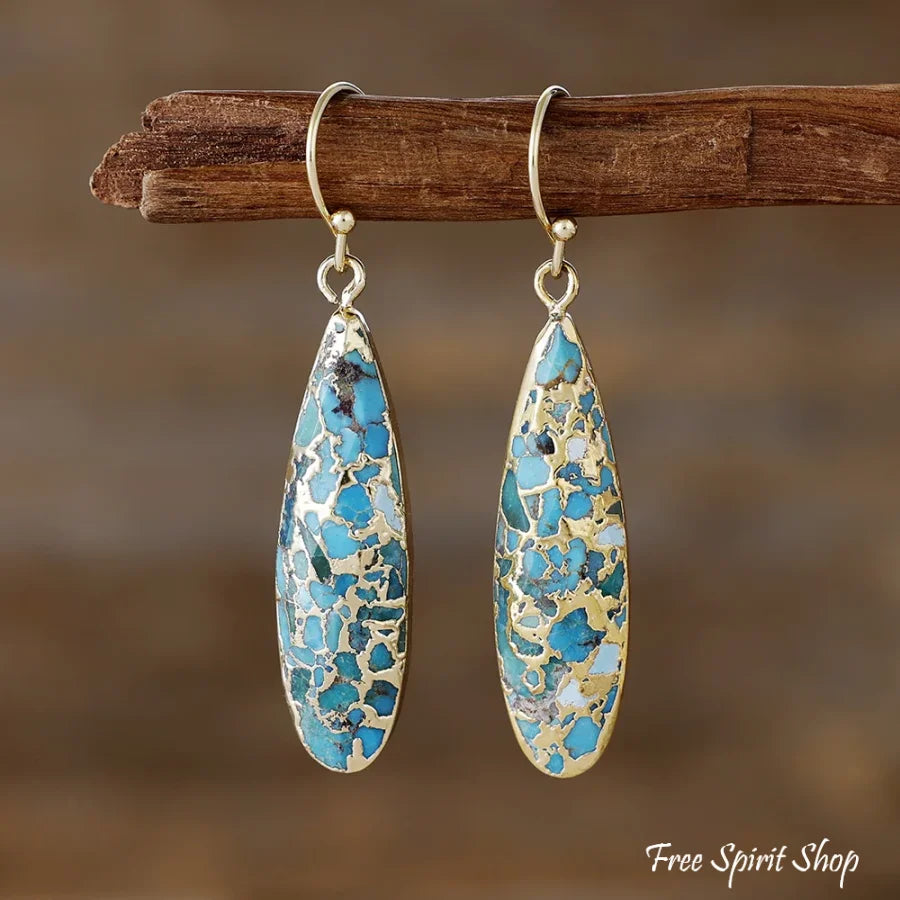 Turquoise Mosaic Jasper Dangle Earrings Gold Jewelry > Earrings > Gemstone Earrings