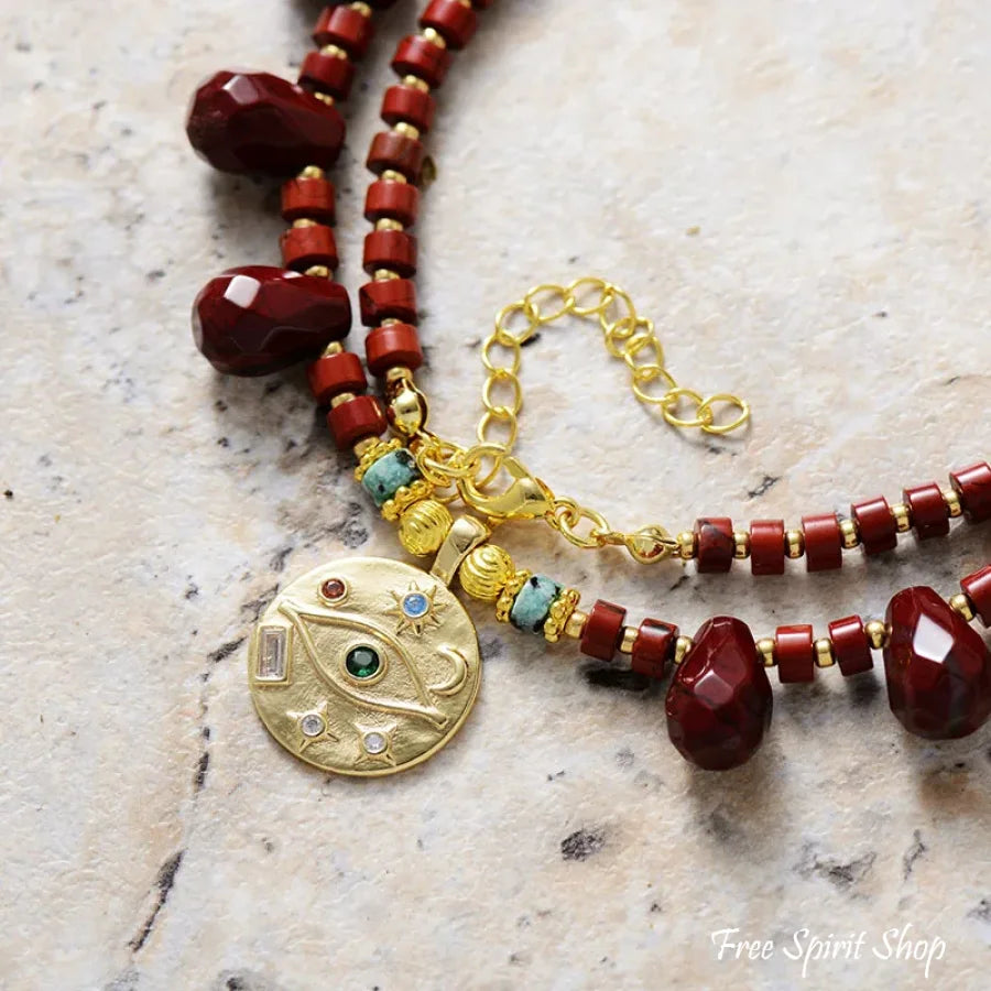 Natural Red Jasper & Egyptian Eye Charm Necklace Jewelry > Gemstone Bead