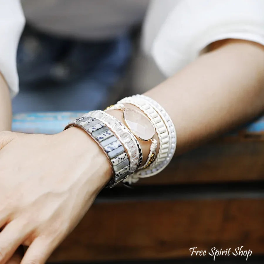 Natural Clear Quartz White Beaded Wrap Bracelet Jewelry > Gemstone Bead