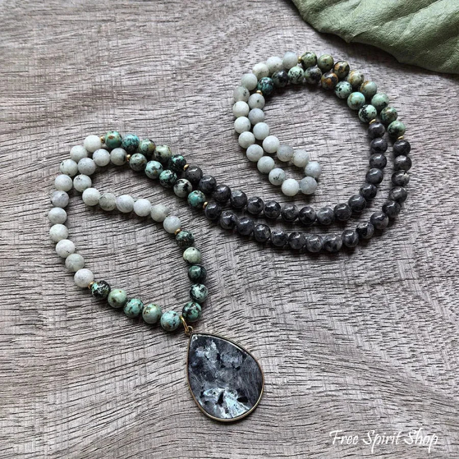 108 Natural Black Labradorite & African Turquoise Mala Bead Necklace