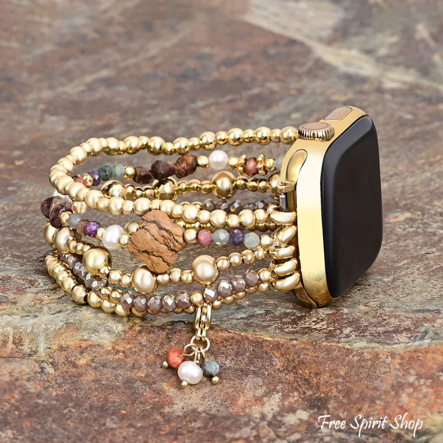 Picture Jasper Beaded Apple Watch Band with Clover Charm Small / Apple 38-41mm Smartwatch Band / Strap > Gemstone Bead