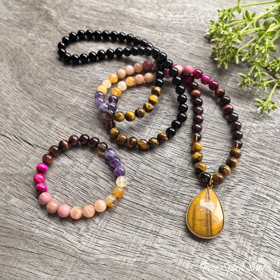 108 Natural Tiger eye Black Onyx Garrnet Sunstone & Amethyst Mala Bead Necklace Jewelry > Gemstone Bead Necklace > 108