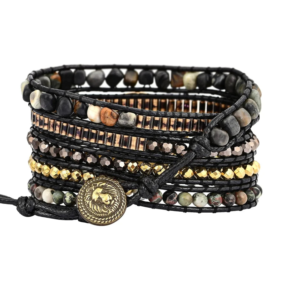 Natural Black Labradorite & Picasso Jasper Beaded Wrap Bracelet