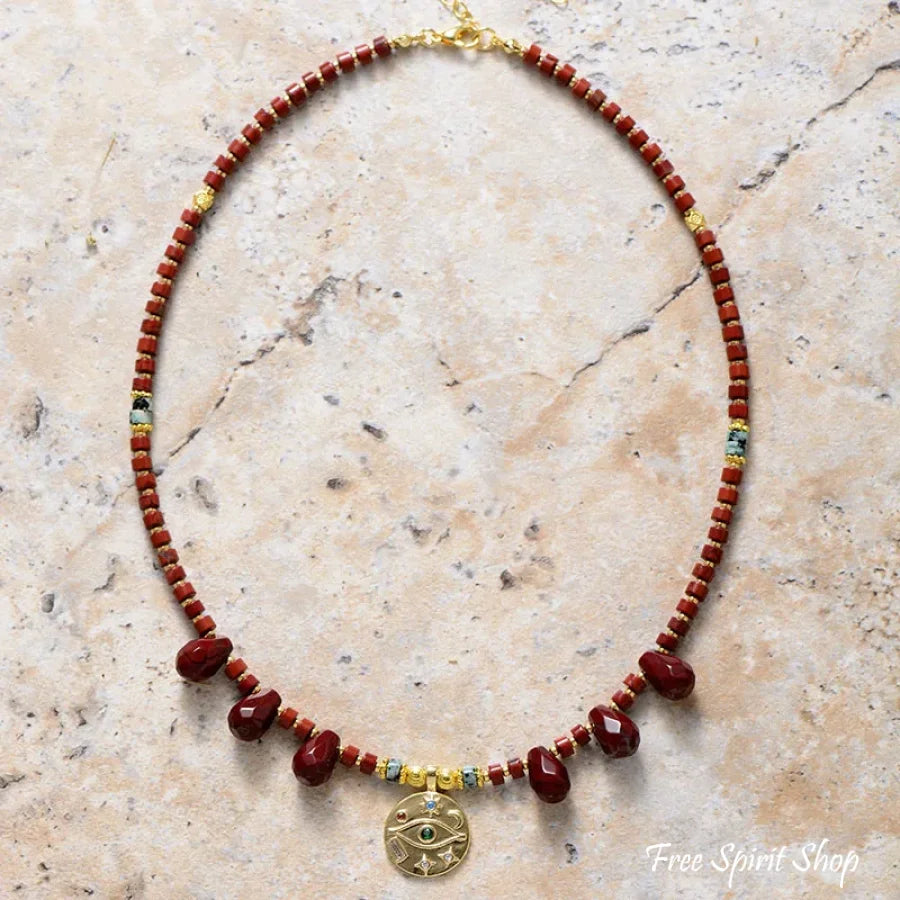 Natural Red Jasper & Egyptian Eye Charm Necklace Jewelry > Gemstone Bead