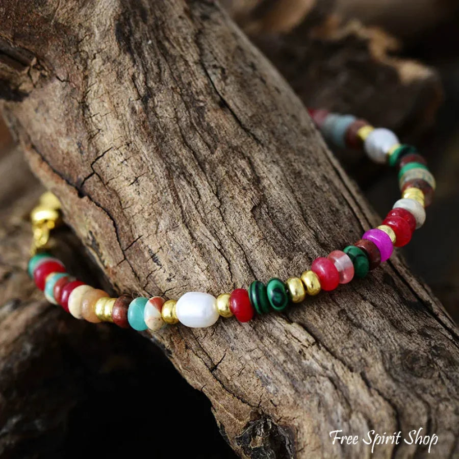 Mixed Multi-Color Natural Stone Bead & Pearl Bracelet Jewelry > Gemstone Elastic Stretch