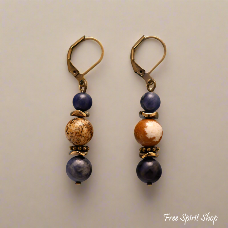 Natural Picture Jasper & Sodalite Bead Drop Earrings