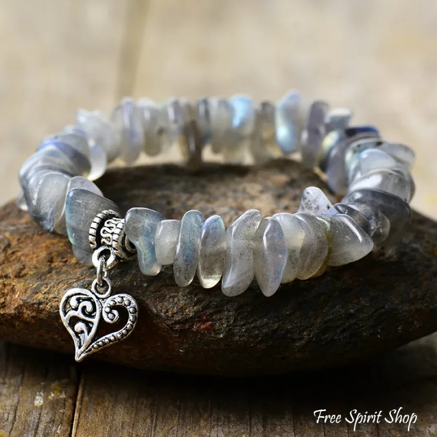 Labradorite Chip Beaded Bracelet with Heart Charm