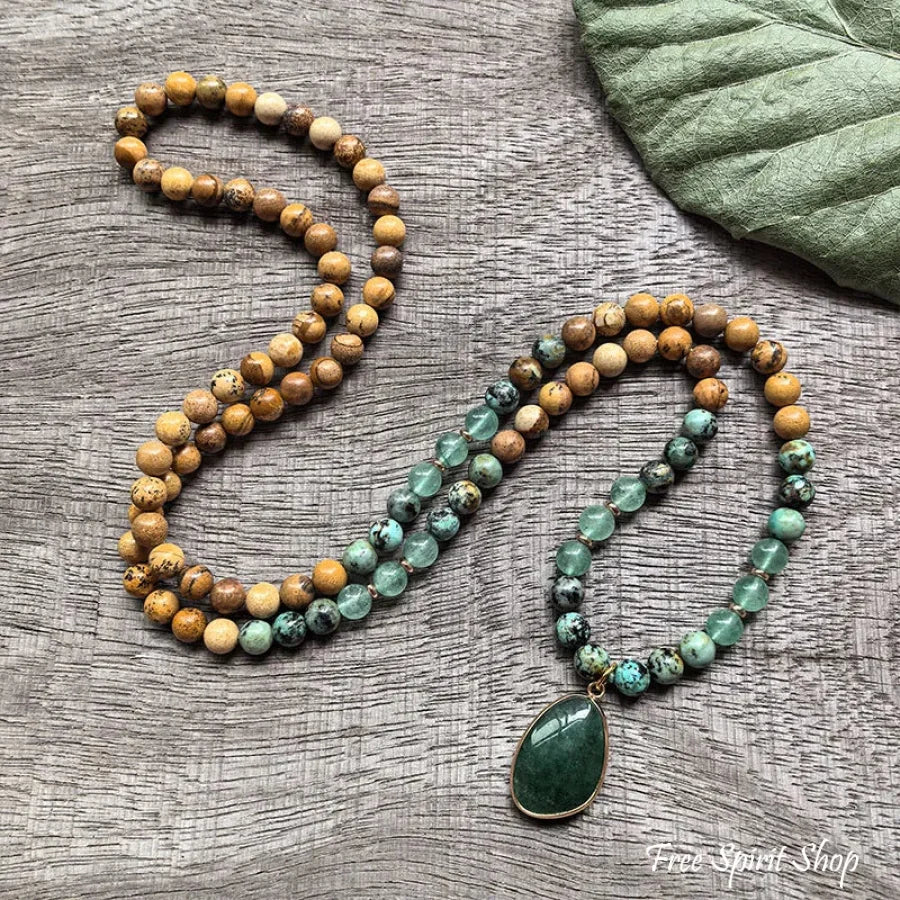 108 Natural Picture Jasper Green Quartz & African Turquoise Mala Bead Necklace