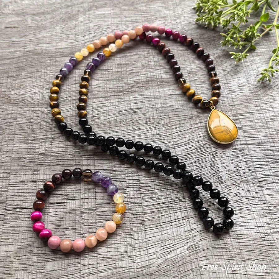 108 Natural Tiger eye Black Onyx Garrnet Sunstone & Amethyst Mala Bead Necklace Set Jewelry > Gemstone Bead Necklace >
